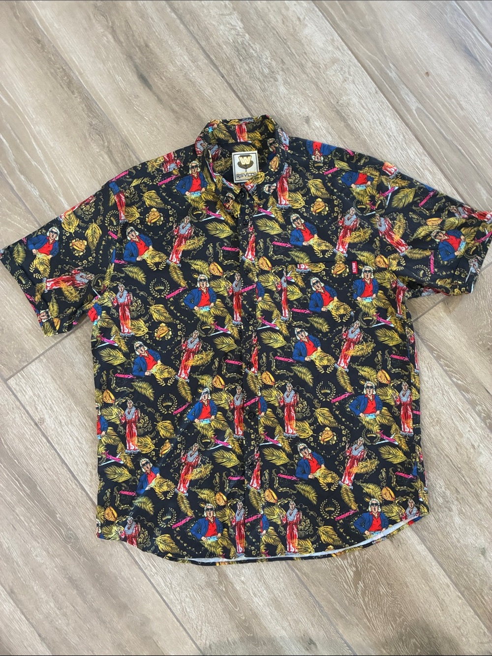 RSVLTS Black Short Sleeve Button-Down with Red, Blue & Gold Print